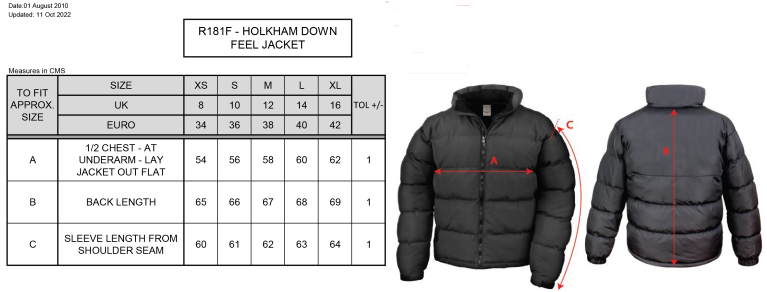 Women's Holkham Down Feel Jacket : Black - Size Guide