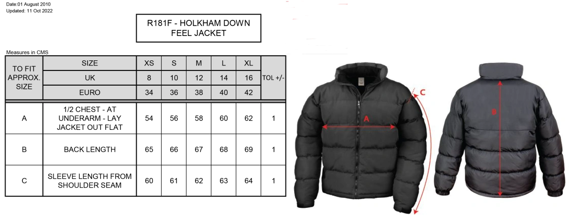 Women's Holkham Down Feel Jacket : Black - Size Guide