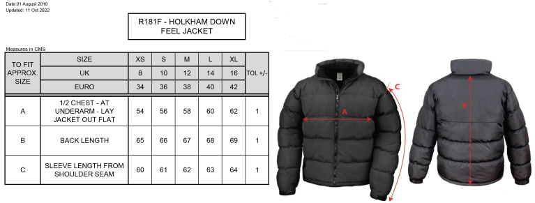 Women's Holkham Down Feel Jacket : Black - Size Guide