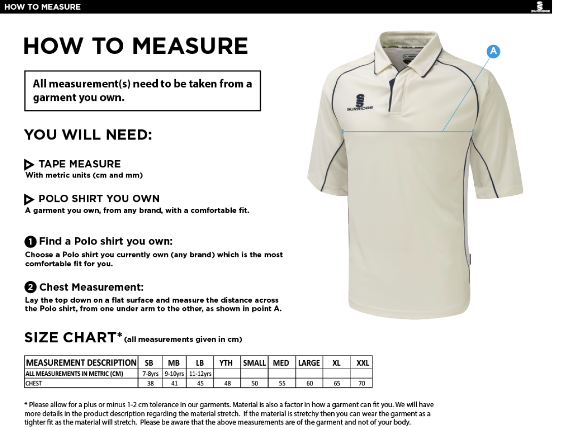 THRUMPTON CC Dual Premier Short Sleeve Shirt - Size Guide