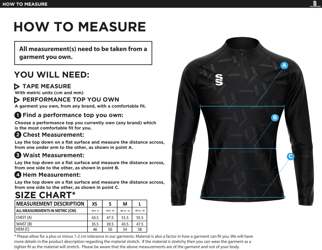 Thrumpton cc Impact 1/4 Zip Performance Top - Women's Fit : Black - Size Guide