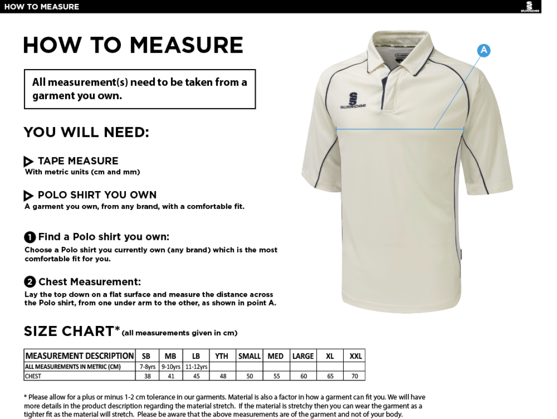 Premier Cricket Shirt - Short Sleeve Green - Size Guide