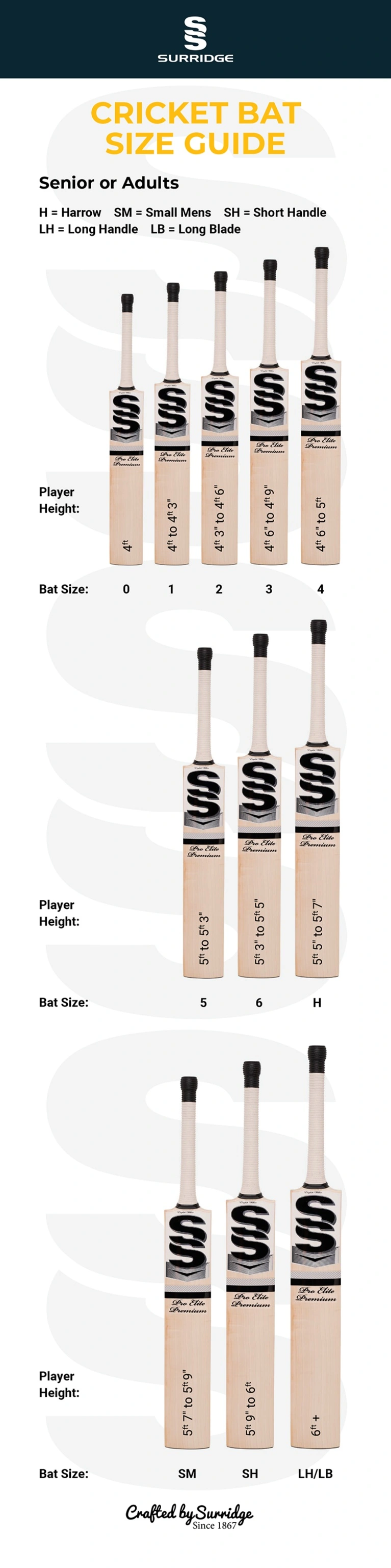 SS PRO ELITE PREMIUM BAT - Grade 1 - Size Guide