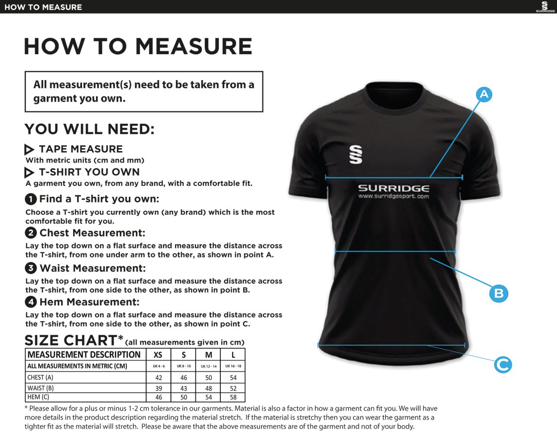 Thrumpton cc Impact T-Shirt - Women's Fit : Black - Size Guide