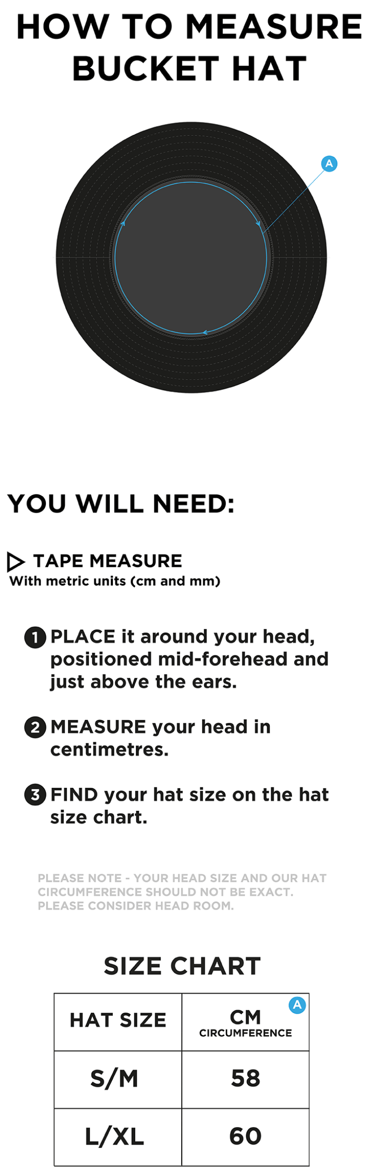 THRUMPTON CC Dual Bucket Hat - Black - Size Guide