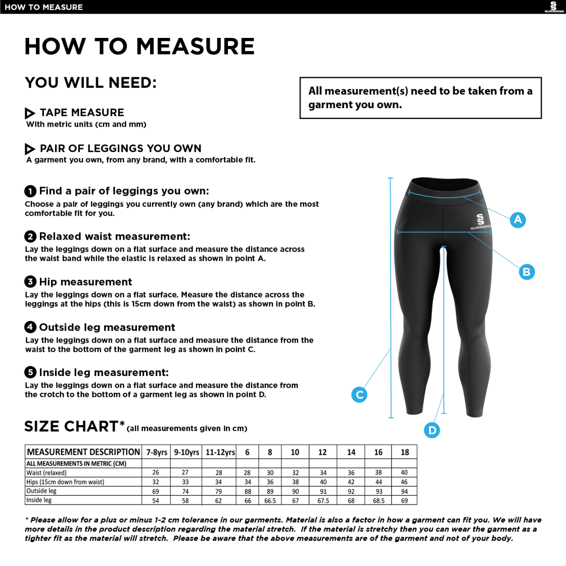 Women's Performance Full Length Leggings : Black - Size Guide